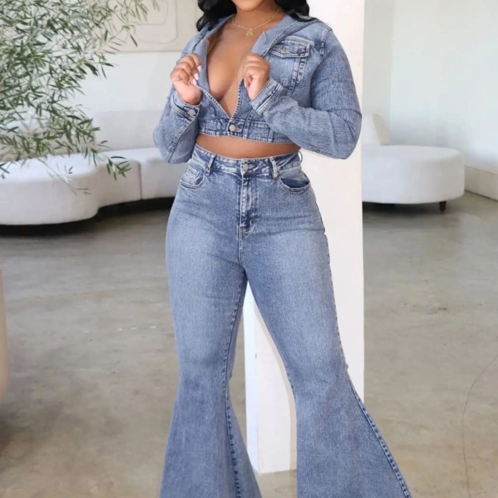 Vintage Denim Two Piece Set: Turn-down Collar Crop Top + Flare Pants - Women's Streetwear Suit